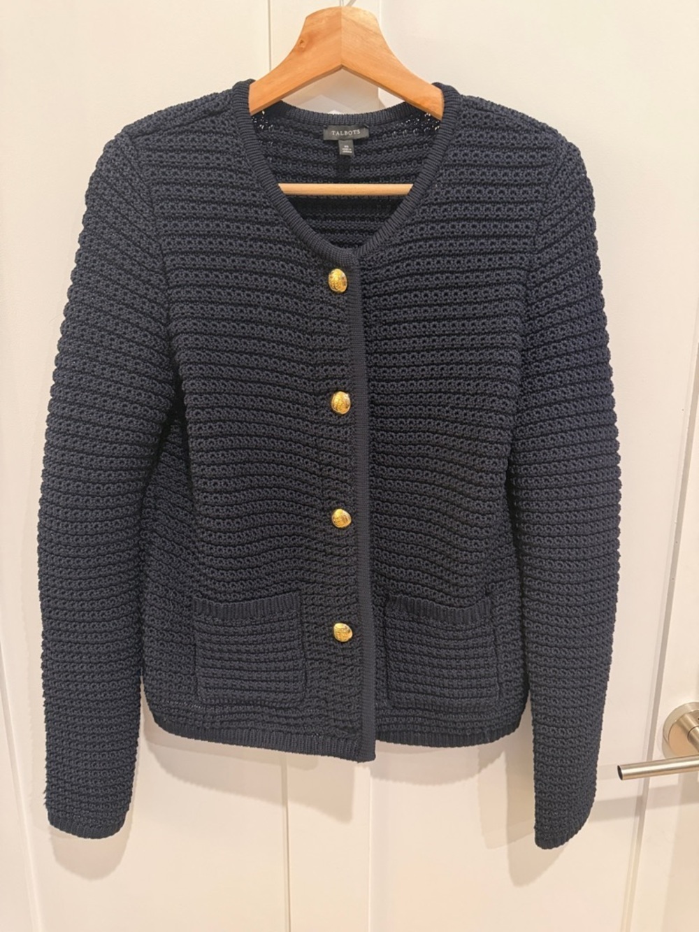 Talbots Navy Crochet Knit Cardigan with Gold Buttons
